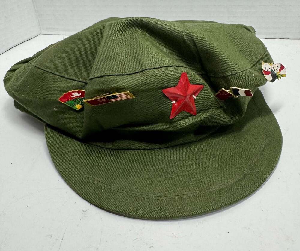 Vintage Chinese Military Style Green Cadet Hat with Collectible Pins